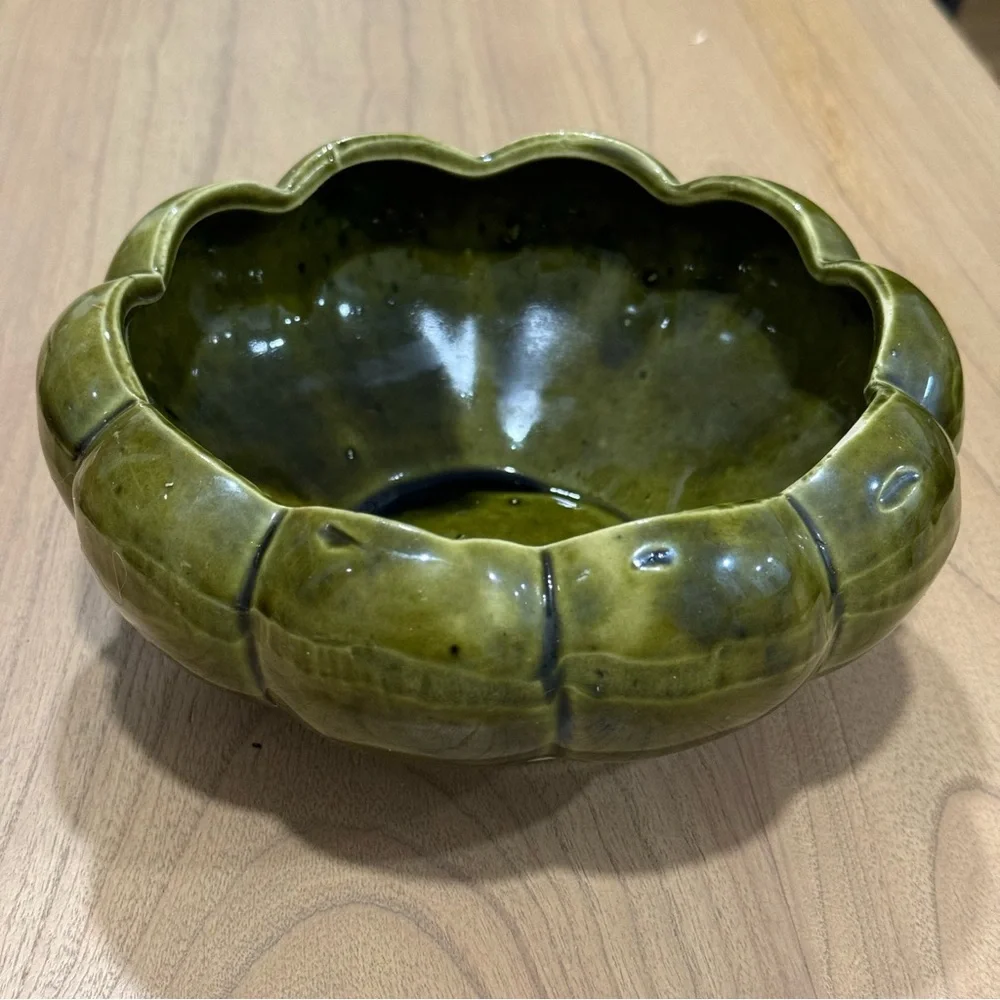 Fluted Pottery UPCO USA Dark Green Lotus Planter Pottery